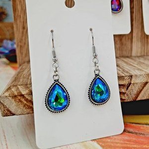 Handcrafted Antiqued Silver Teal Blue Rhinestone Teardrop Pendant Earrings